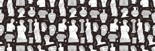 Grieks oude set, divers antiek standbeelden. hoofden, vaas, lichaam. hand- getrokken naadloos patroon van klassiek beeldhouwwerk in modieus modern stijl vector