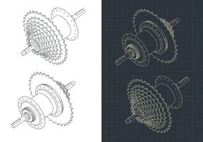 fiets hub met cassette isometrische tekeningen vector