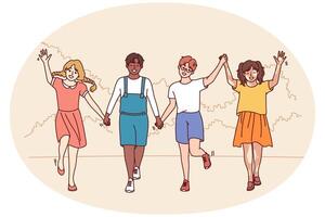 vrienden tieners verscheidenheid nationaliteiten en races wandelen in park Holding handen genieten van vriendschap vector