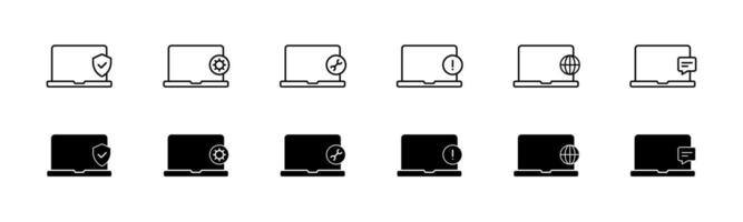 laptop icoon set. lijn en glyph computer icoon. laptop icoon met bericht teken vector