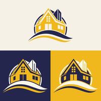 echt landgoed logo ontwerp met blauw en geel kleuren met silhouet gebouwen in de achtergrond vector