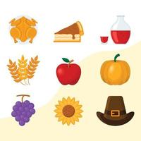 set van Thanksgiving diner element pictogrammen vector