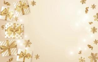 kerstachtergrond met geschenkdozen en gouden strik vector