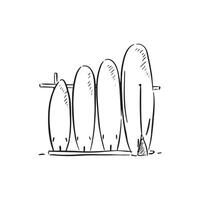een lijn getrokken schetsen van vier surfen borden in zwart en wit vector