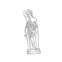 een lijn getrokken illustratie van een zwart en wit standbeeld Aan een plint. figuur is leunend en geïnspireerd door Grieks en Romeins. getrokken in een vaag stijl vector