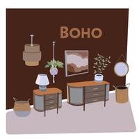 slaapkamer meubilair set. boho stijl kamer. slaapkamer tekenfilm bruin houten meubilair. vlak slaapkamer interieur. bed, garderobe, lamp, bloemen en andere slaapkamer decor vector