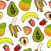 een patroon van geheel fruit, bessen en hun helften met een contour, sappig aardbeien, banaan, perzik, papaja. voor textiel afdrukken, achtergronden of verpakking materialen. de fruit ornament naadloos. vector