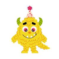 pluizig geel monster in vlak stijl Aan een wit achtergrond. verjaardag. feestelijk kinderen tekenfilm monster karakter. vector