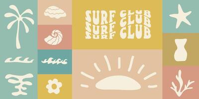 retro groovy surfen club in modieus boho stijl. naief meetkundig zomer palm boom. gemakkelijk achtergrond van zon zee. retro zomer strand hand- getrokken geïsoleerd illustratie. wijnoogst surfen club. illustratie vector