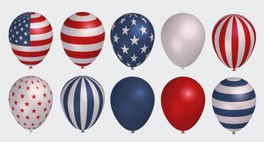 groot reeks van 3d ballonnen met Verenigde Staten van Amerika vlag ornamenten. 4e van juli ballon decoratie, realistisch 3d geven helium ballonnen verzameling. patriottisch gestreept en sterrenhemel decoratie van vakantie en partijen. vector