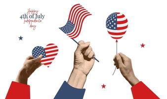 halftone collage handen Holding Amerika nationaal vlag, ballon, hart naar vieren Verenigde Staten van Amerika onafhankelijkheid dag Bij 4e juli. gelukkig Verenigde Staten van Amerika onafhankelijkheid dag kaart sjabloon voor banier, poster. illustratie. vector