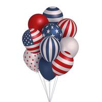 groot bundel van 3d realistisch ballonnen in Amerikaans, Verenigde Staten van Amerika kleur met sterren en strepen. reusachtig boeket van divers helium speelgoed. illustratie voor kaart, folder, poster, banier, web, reclame. vector