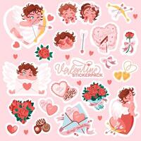 valentijnsdag dag sticker set. geschenken, cupido's, harten, enveloppen, toetjes, bloemen boeketten, sloten en andere traditioneel decoraties. tekenfilm stijl. perfect voor stickers en groet kaarten. vector