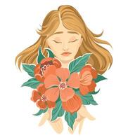 binnenste vrede concept, vrouw Holding bloemen . uitstralend harmonie, balanceren geest en ziel. bloemen schoonheid. illustratie. vector