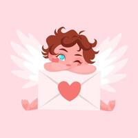 schattig Cupido dromen met envelop. valentijnsdag dag concept. tekenfilm karakter ontwerp. 14 februari feest concept. illustratie vector