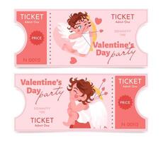 valentijnsdag dag roze ticket met schattig cupido's en harten voor toegeven een. liefde, romance concept. feestelijk sjabloon indeling. illustratie vector