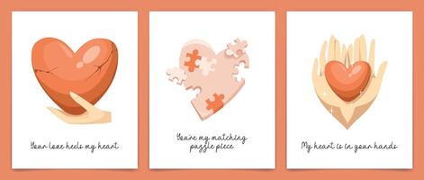 reeks van kaarten met hart, handen voor valentijnsdag dag vector