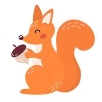 schattig tekenfilm eekhoorn met eikel- in vlak stijl. Woud dier, kinderen ontwerp voor afdrukken, poster, stickers, kinderkamer vector