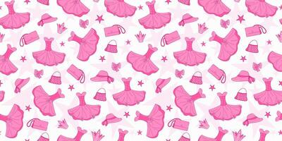 patroon bal gewaad, tas, prinses kroon. roze modieus vakantie set. een reeks van pop accessoires en kleren, naadloos achtergrond. vector