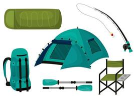 camping wandelen items reeks vlak. visvangst set. reizen elementen verzameling. zomer reizen spullen. tent, slapen tas, camping stoel, visvangst hengel, peddels, wandelen rugzak. illustratie vector