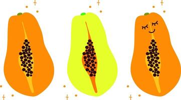 reeks van papaja, papaja plak geïsoleerd Aan wit. illustratie in tekening stijl. schattig vlak stijl. papaja met kawaii ogen.grappig hand- trek fruit deel. Oranje Geel en groen kleuren. vector
