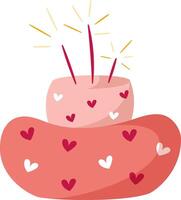 hand- trek zoet verjaardag taart met sterretjes en harten geïsoleerd Aan wit achtergrond. schattig illustratie. roze en rood kleuren.doodle stijl. taart icoon. viering, feest. vector