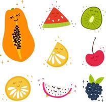 reeks van zomer hand- trek fruit geïsoleerd Aan wit. illustratie met kawaii ogen. papaja,papaja, kers,watermeloen, kiwi,sinaasappel, limoen, braam, braam, dauwbraam, draak fruit, pitahaya, pitaya. vector