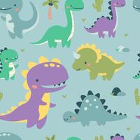 naadloos patroon. schattig dinosaurussen in helder kleuren. illustraties in een gemakkelijk kinderen stijl. blauw achtergrond vector