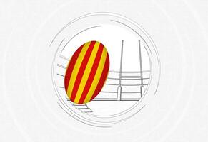 Catalonië vlag Aan rugby bal, bekleed cirkel rugby icoon met bal in een druk stadion. vector