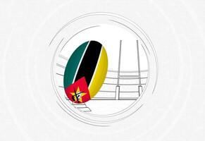 Mozambique vlag Aan rugby bal, bekleed cirkel rugby icoon met bal in een druk stadion. vector