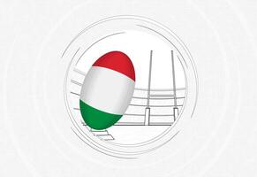 Italië vlag Aan rugby bal, bekleed cirkel rugby icoon met bal in een druk stadion. vector