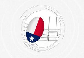 Texas vlag Aan rugby bal, bekleed cirkel rugby icoon met bal in een druk stadion. vector