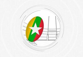 Myanmar vlag Aan rugby bal, bekleed cirkel rugby icoon met bal in een druk stadion. vector