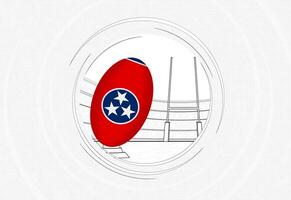 Tennessee vlag Aan rugby bal, bekleed cirkel rugby icoon met bal in een druk stadion. vector