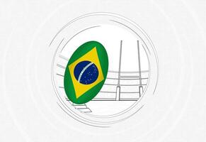 Brazilië vlag Aan rugby bal, bekleed cirkel rugby icoon met bal in een druk stadion. vector