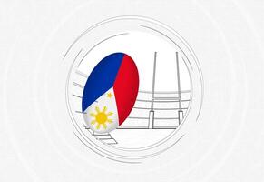 Filippijnen vlag Aan rugby bal, bekleed cirkel rugby icoon met bal in een druk stadion. vector