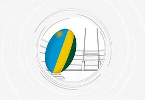 rwanda vlag Aan rugby bal, bekleed cirkel rugby icoon met bal in een druk stadion. vector