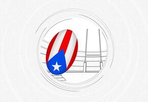 puerto rico vlag Aan rugby bal, bekleed cirkel rugby icoon met bal in een druk stadion. vector