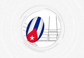 Cuba vlag Aan rugby bal, bekleed cirkel rugby icoon met bal in een druk stadion. vector