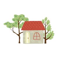 schattig tekenfilm land huis. hand- getrokken tekening plek illustratie. gemakkelijk rustiek landschap met bomen. vlak illustratie, geïsoleerd Aan wit. vector