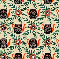 naadloos patroon in wijnoogst stijl. theepot met ornament, bloemen elementen. volk humeur. vervaagd kleuren, zwart en oranje. illustratie. vector