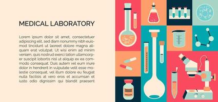 folder ontwerp sjabloon van medisch laboratorium met chemisch elementen Leuk vinden microscoop, pillen, fles en andere wetenschappelijk uitrusting vector