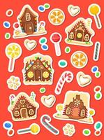 sticker reeks van peperkoek huizen en snoepgoed. koekjes, snoepjes, lolly en andere behandelt. kleurrijk geïsoleerd Kerstmis elementen Aan rood achtergrond. vlak tekenfilm stijl. vector