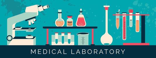 illustratie van medisch laboratorium met chemisch instrumenten Leuk vinden microscoop, fles, fles en andere wetenschappelijk uitrusting vector