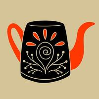 hand- getrokken theepot in wijnoogst stijl met ornament. volk humeur. vervaagd kleuren, zwart en oranje. vector