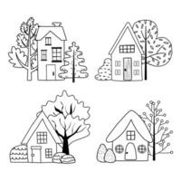 kleur met schattig tekenfilm land huis. gemakkelijk rustiek landschap met bomen. hand- getrokken tekening illustratie voor kinderen werkzaamheid. vector