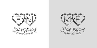 brieven em en me bruiloft liefde logo, voor paren met e en m initialen vector