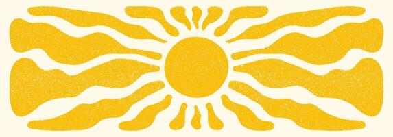 zon groovy retro horizontaal achtergrond. zon barsten hippie banier met wijnoogst korrelig textuur, hand- getrokken abstract golvend patroon in jaren 60, jaren 70. modern matisse stijl zomer illustratie vector