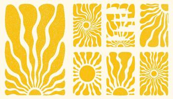 zon groovy verticaal achtergronden set. divers zon barsten hippie posters met wijnoogst lawaai textuur, hand- getrokken abstract golvend patronen in jaren 60, jaren 70. modern retro matisse stijl illustratie vector