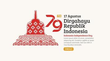 Indonesië onafhankelijkheid dag spandoek. hand getekend borobudur tempel met modieus stempel. 17 agustus viering vector